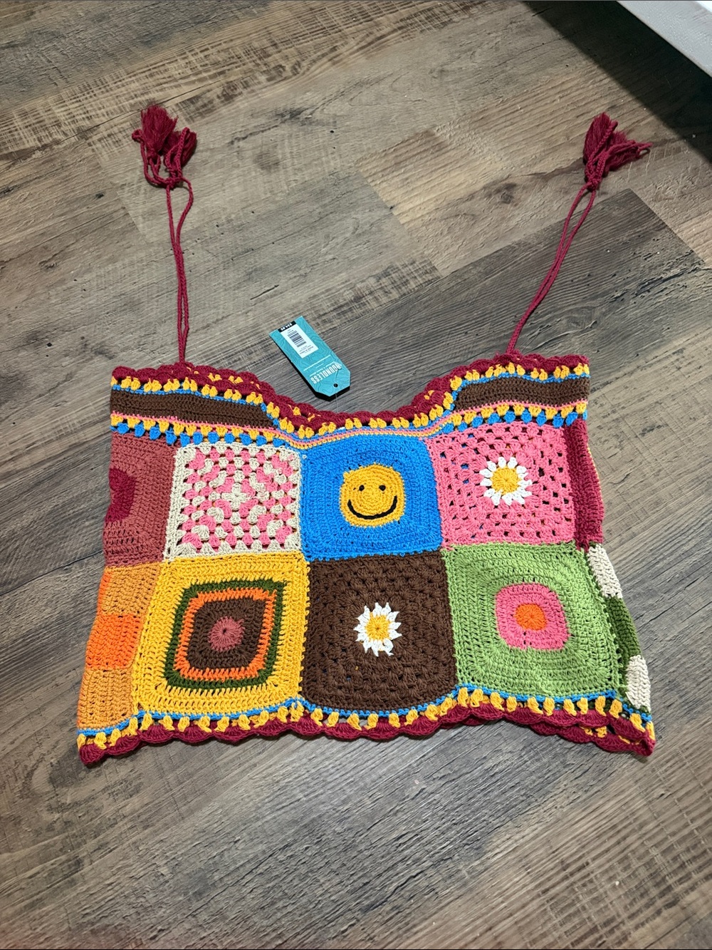 EARTHBOUND Multicolor Crochet Patchwork Tank Top with Daisy Accent